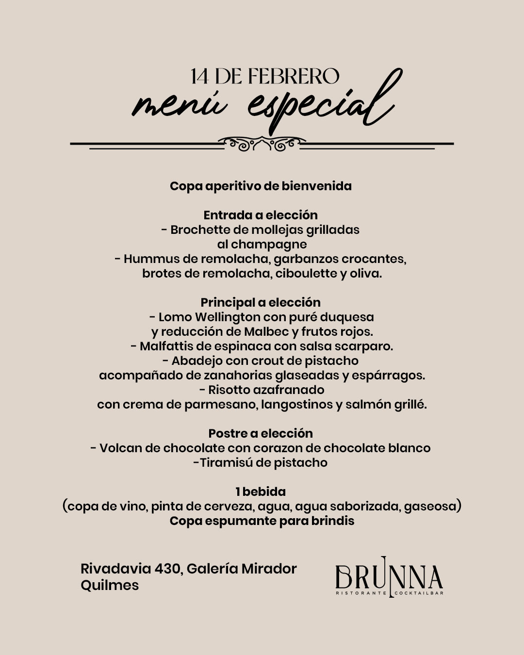 Menú especial 14 de febrero Brunna